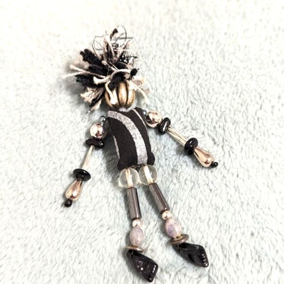 Vintage Artisan Made Rag Doll Brooche w/ Glass and Silver Beads - Picture 1 of 7